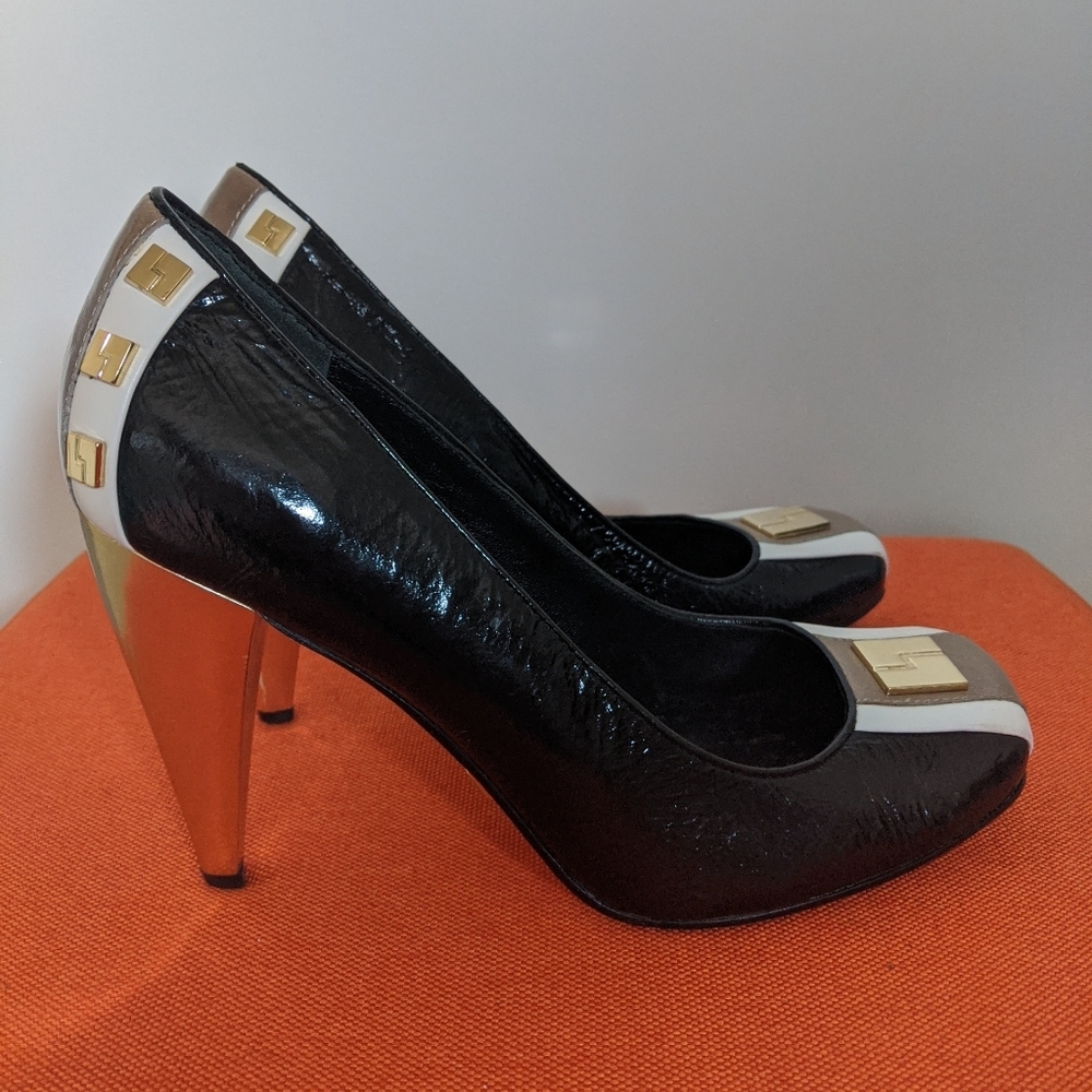 L.A.M.B. Black, White & Gold Patent Leather Heels